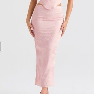 NWT House of CB LUISETTE PINK METALLIC FLORAL SATIN MIDI SKIRT